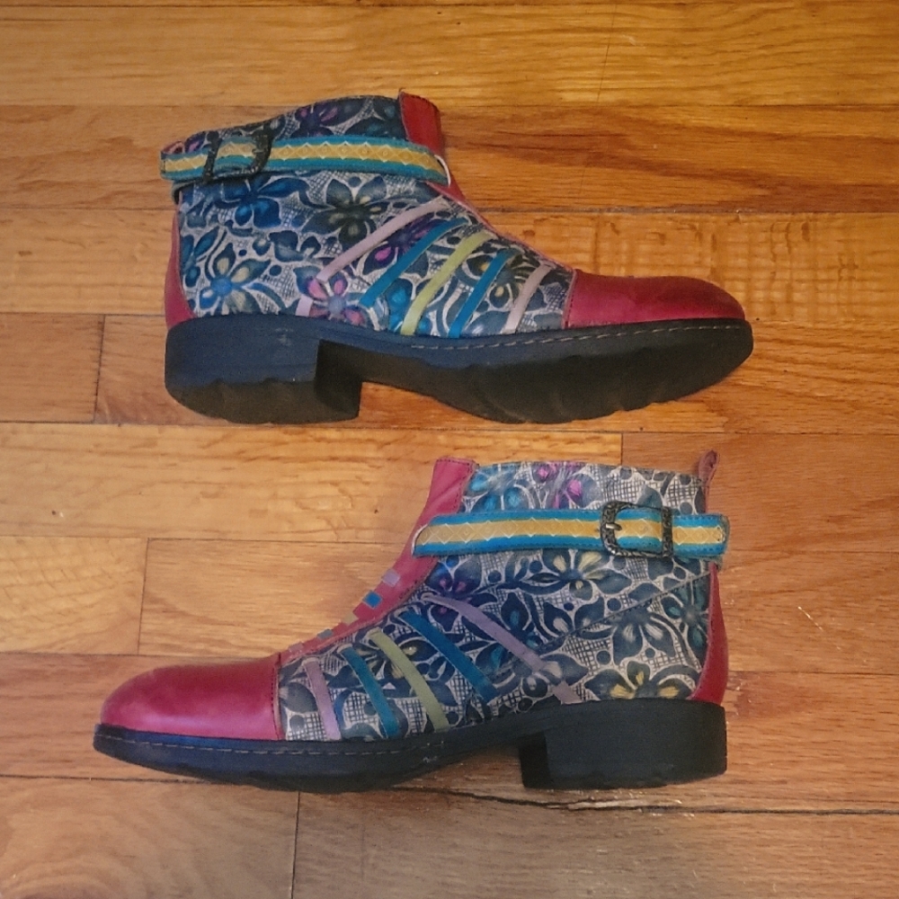 Socofy Women's Boots Boho Ankle Leather Side Zip Red Buckle sz EU 39 US 8 -8.5